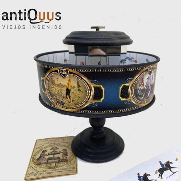 El praxinoscopio instrumento óptico precursor del cine del siglo XIX.